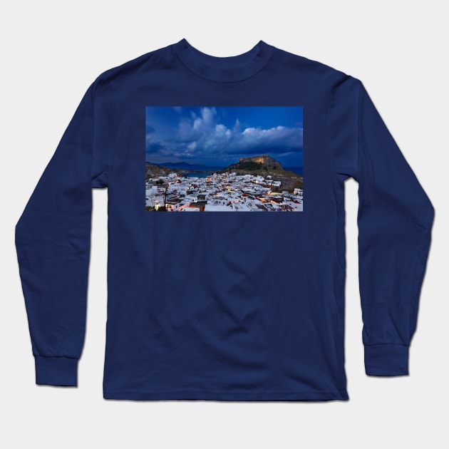 Night falling in Lindos - Rhodes island Long Sleeve T-Shirt by Cretense72